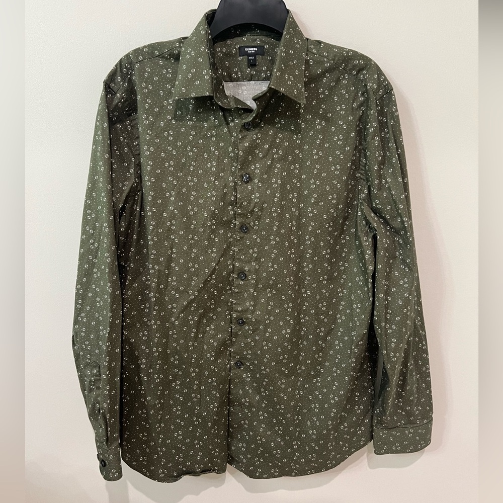 Express Slim 1MX Olive Green Geometric Dotted Button Down Shirt Mens Large